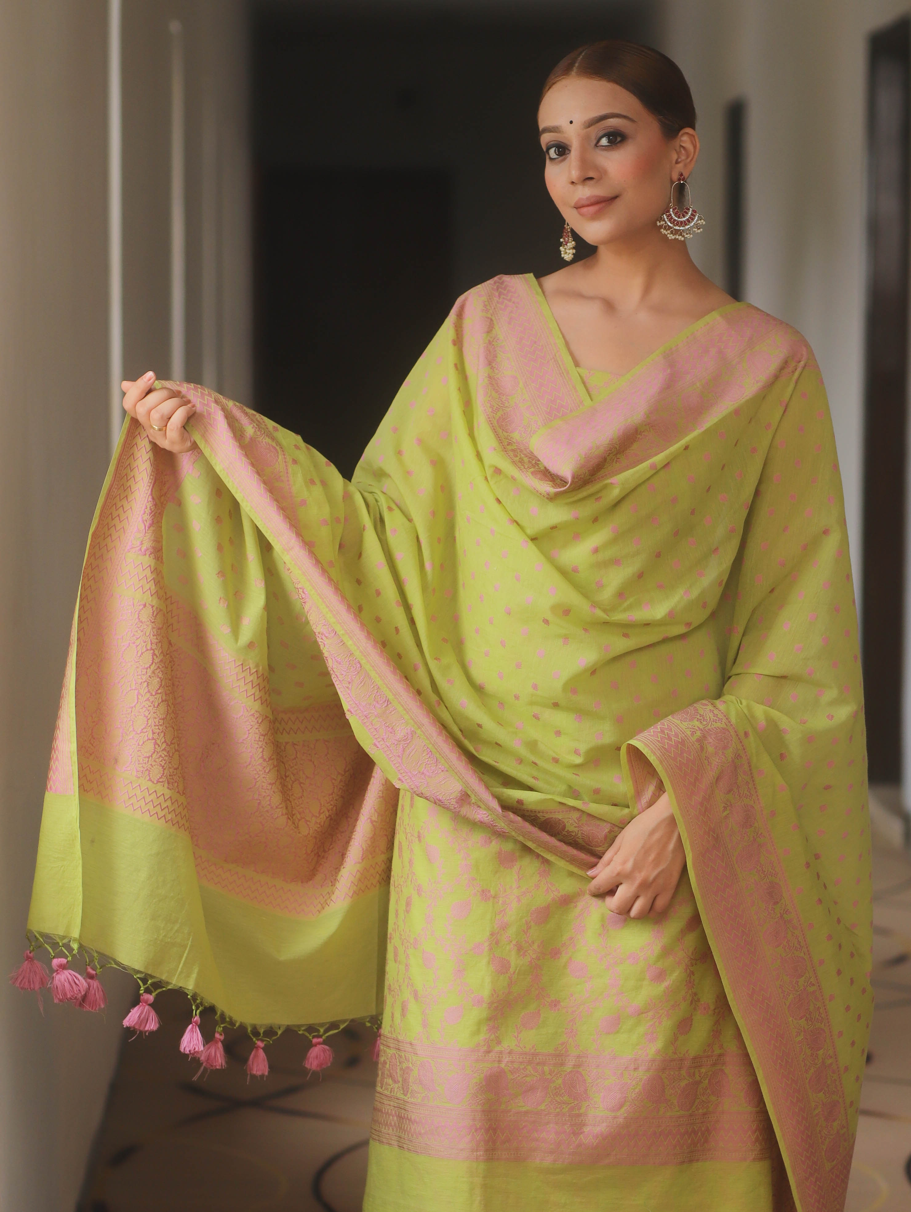 Banarasee Cotton Salwar Kameez Fabric With Dupatta & Resham Zari-Light Green