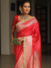 Banarasee Semi-Katan Silver Zari Border Saree With Lace-Red