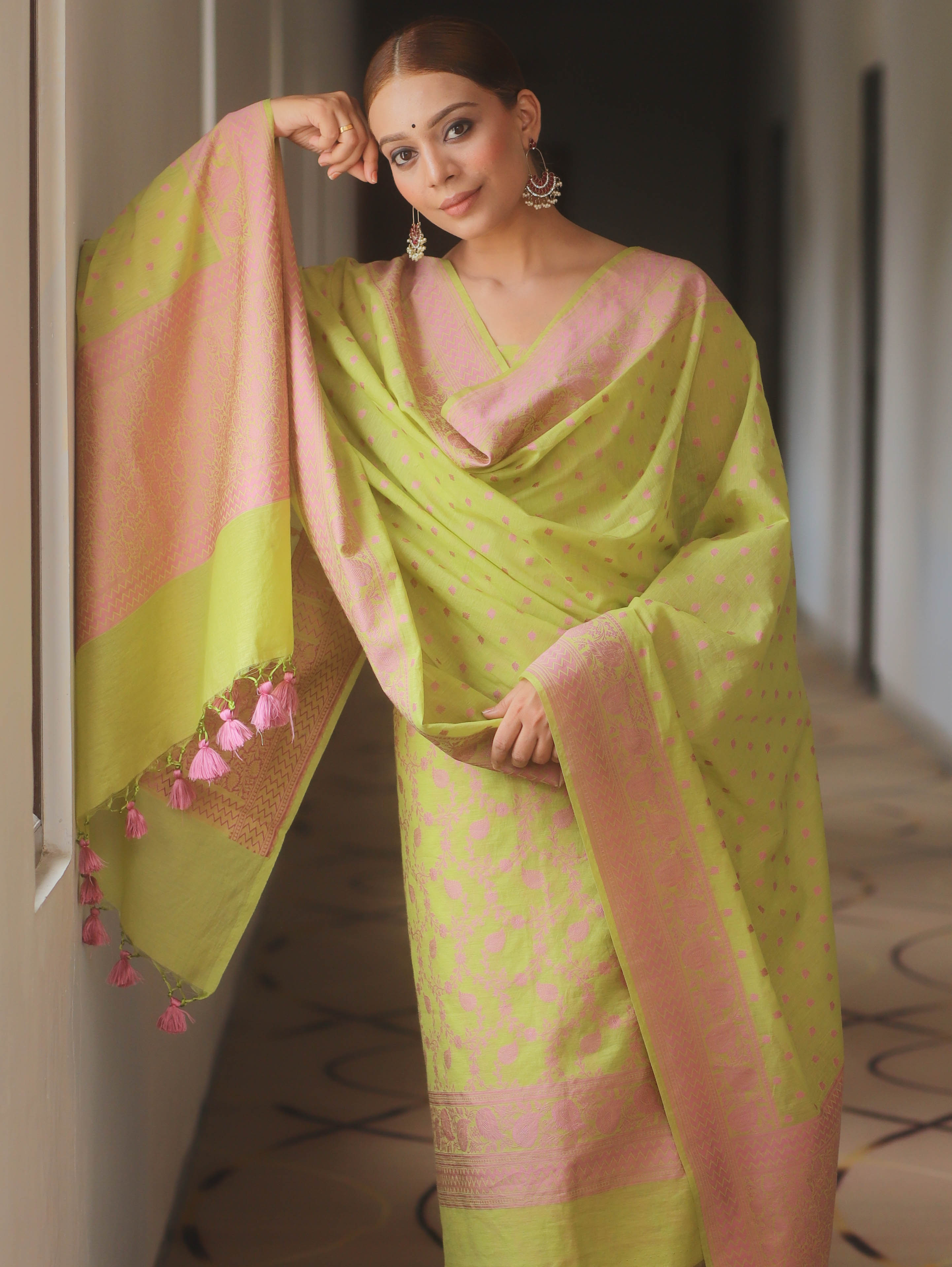 Banarasee Cotton Salwar Kameez Fabric With Dupatta & Resham Zari-Light Green