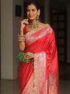 Banarasee Semi-Katan Silver Zari Border Saree With Lace-Red