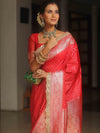 Banarasee Semi-Katan Silver Zari Border Saree With Lace-Red