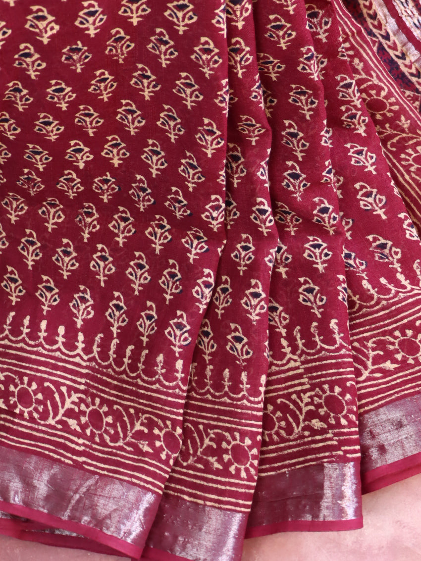 Linen Cotton Bagru Hand-Block Printed Saree-Maroon