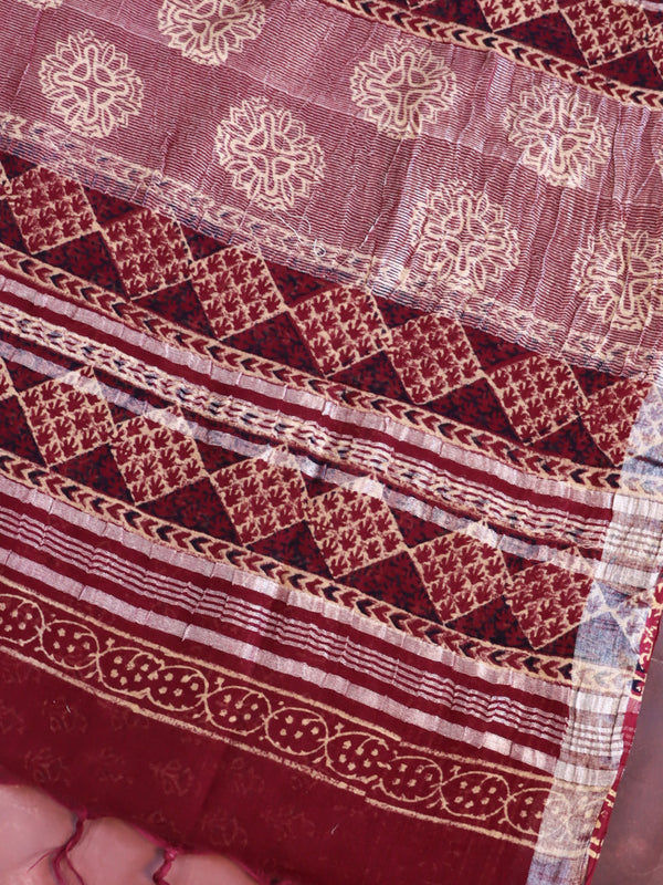 Linen Cotton Bagru Hand-Block Printed Saree-Maroon