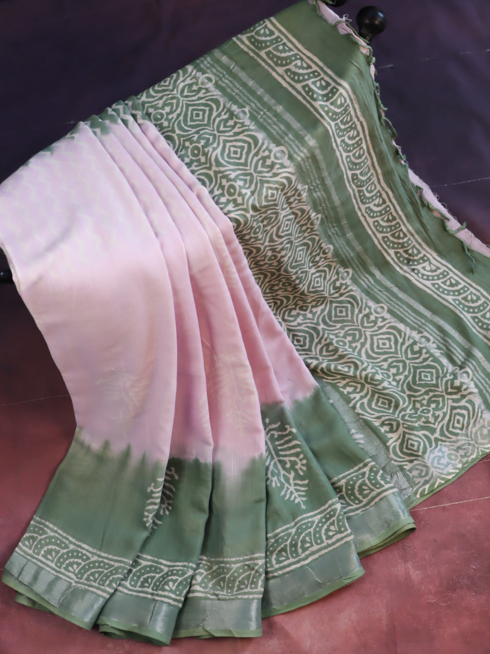 Linen Cotton Bagru Hand-Block Printed Saree-Pink & Green