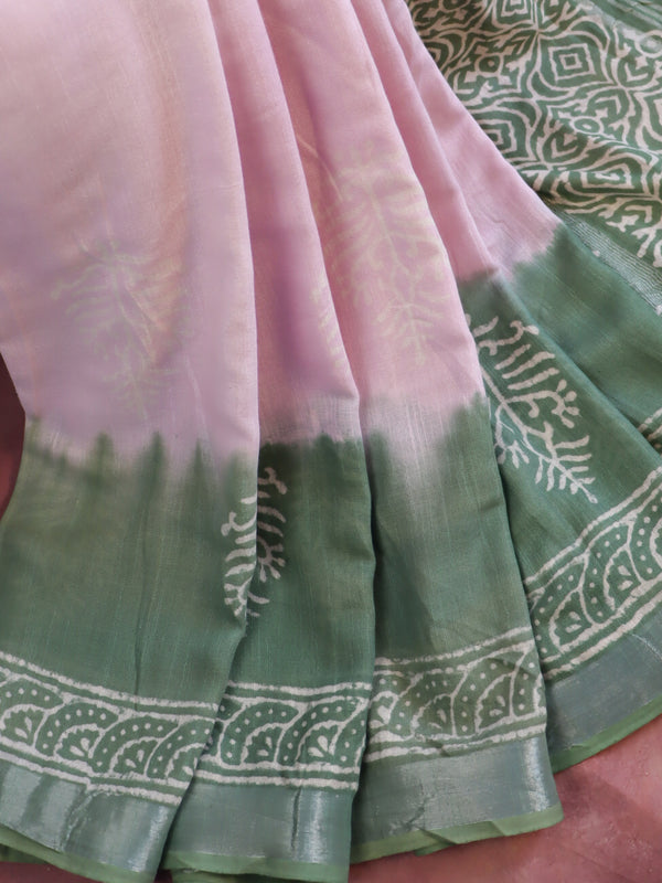 Linen Cotton Bagru Hand-Block Printed Saree-Pink & Green