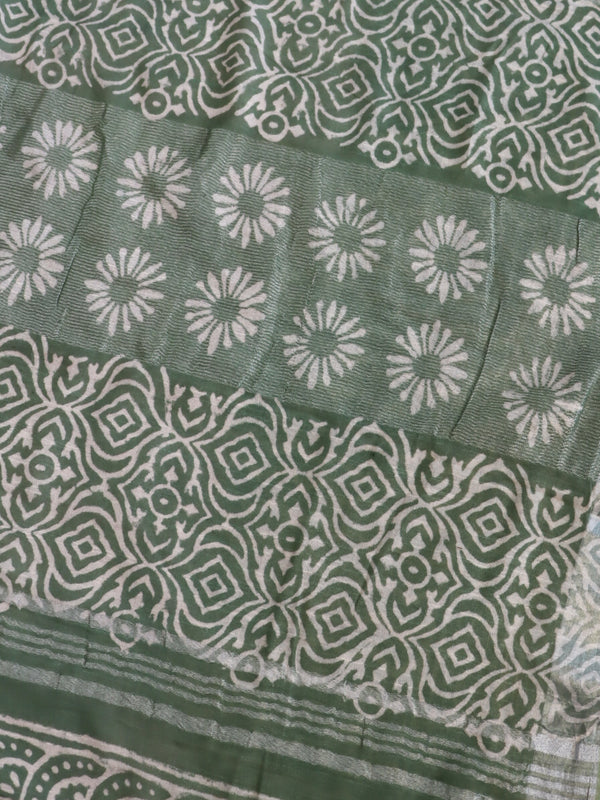 Linen Cotton Bagru Hand-Block Printed Saree-Pink & Green