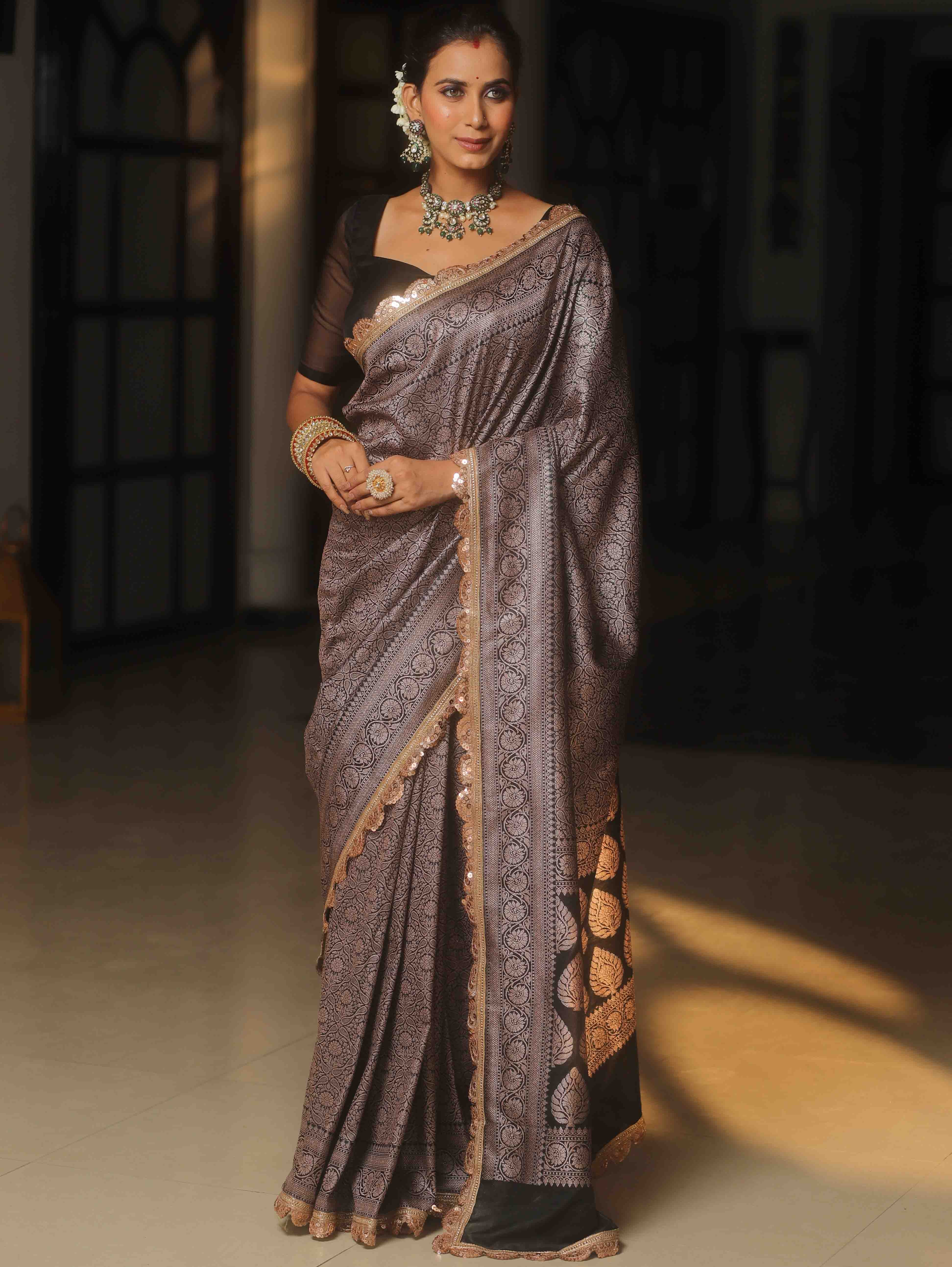 Banarasee Semi-Katan Heavy Zari Jaal Saree With Lace-Black