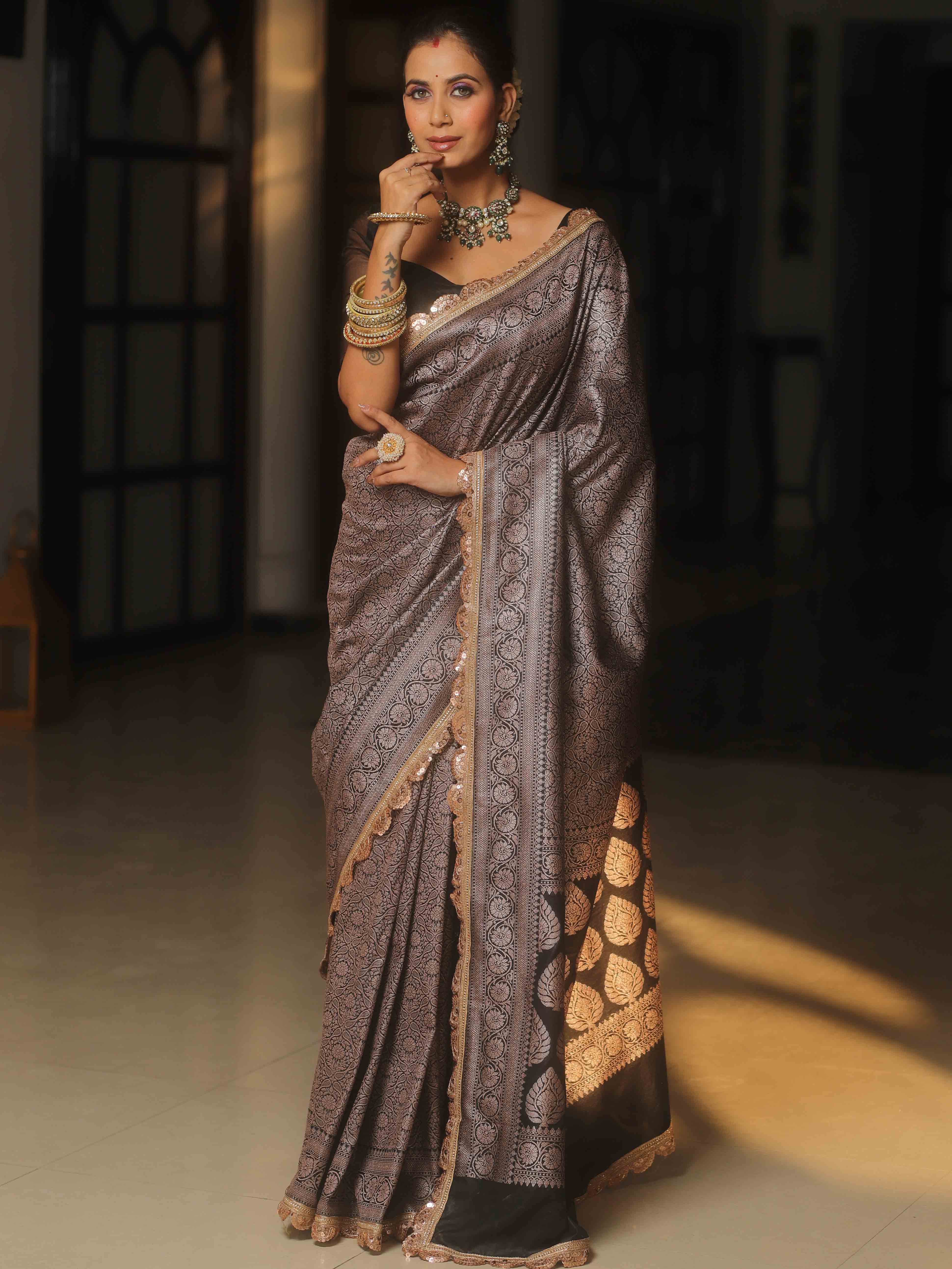 Banarasee Semi-Katan Heavy Zari Jaal Saree With Lace-Black