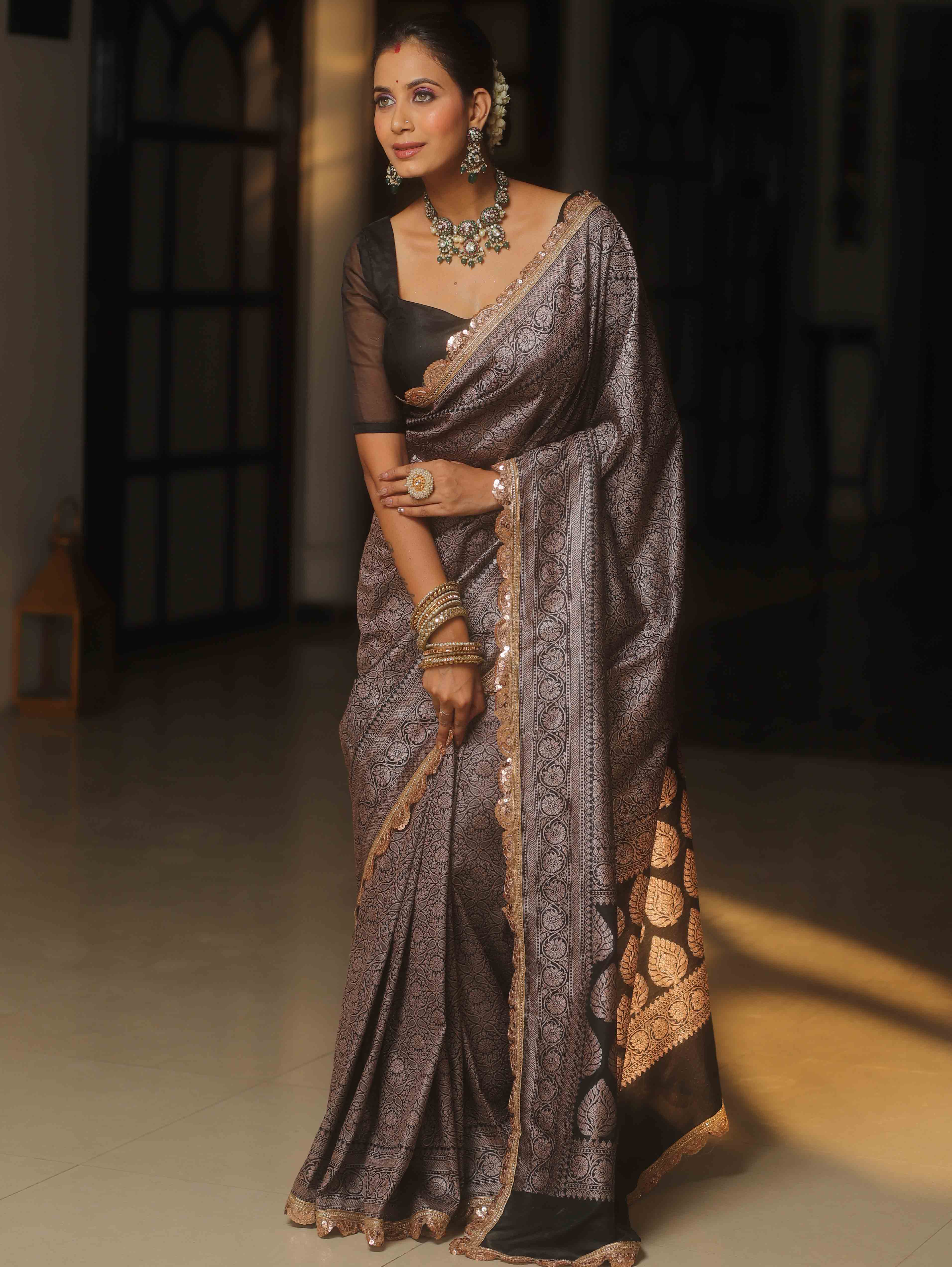 Banarasee Semi-Katan Heavy Zari Jaal Saree With Lace-Black