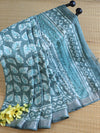 Linen Cotton Bagru Hand-Block Printed Saree-Green