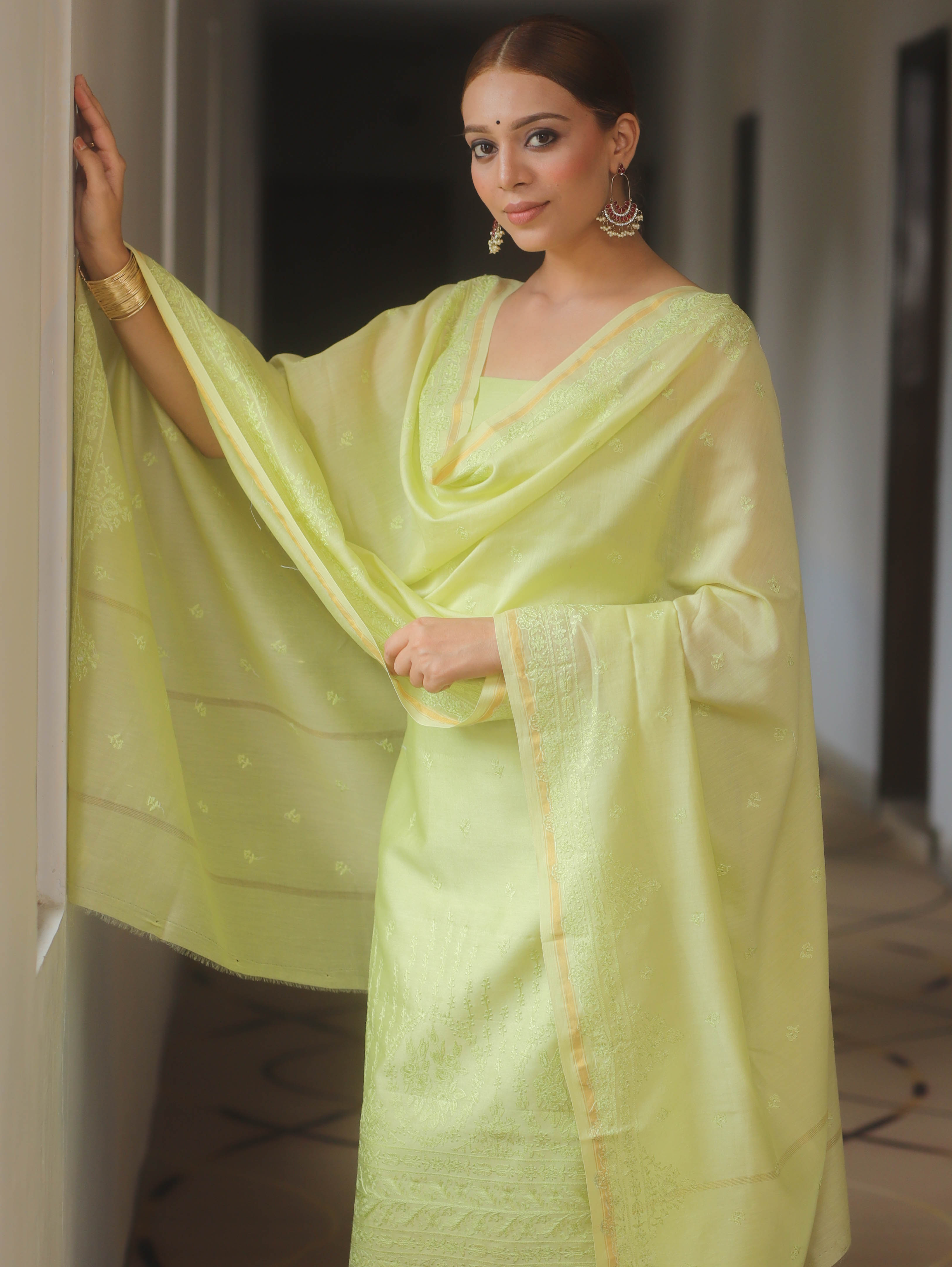 Banarasee Cotton Embroidered Salwar Kameez Fabric With Dupatta Set-Light Green