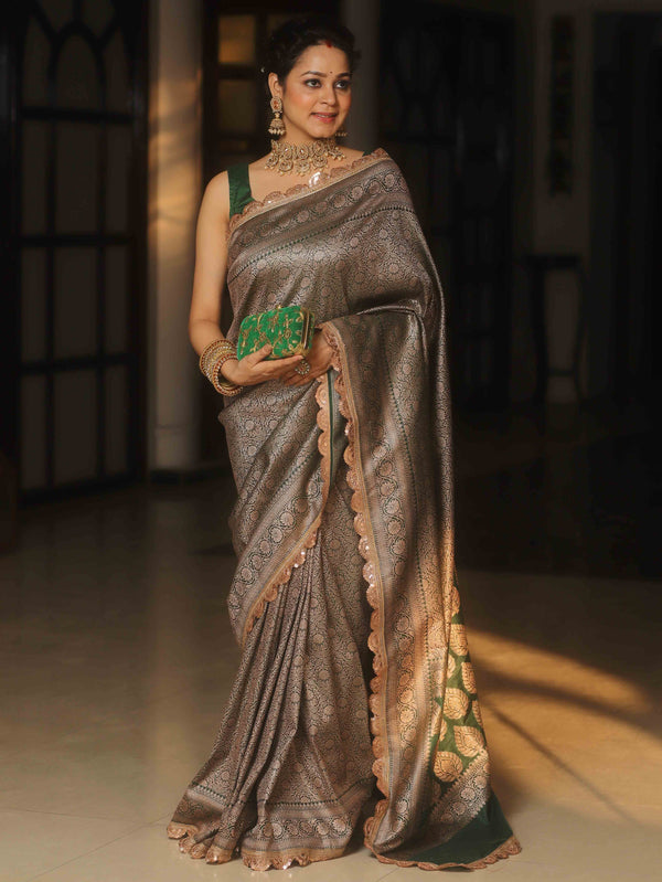 Banarasee Semi-Katan Heavy Zari Jaal Saree With Lace-Green