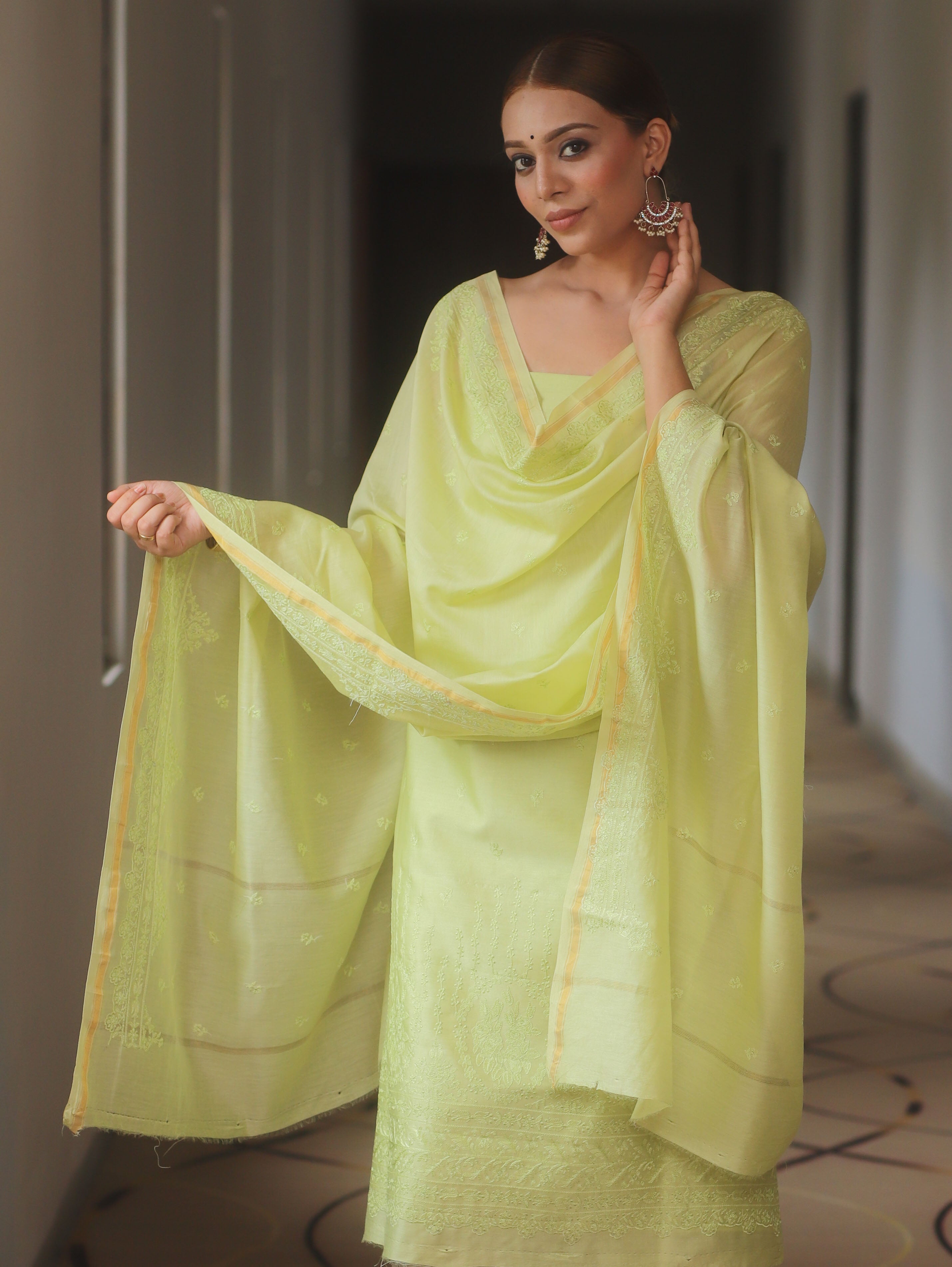 Banarasee Cotton Embroidered Salwar Kameez Fabric With Dupatta Set-Light Green