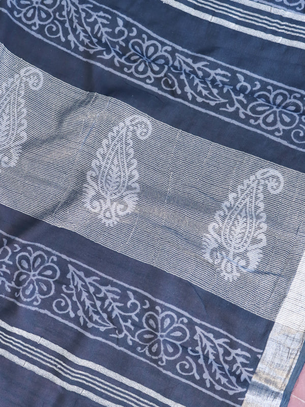 Linen Cotton Bagru Hand-Block Printed Saree-Blue