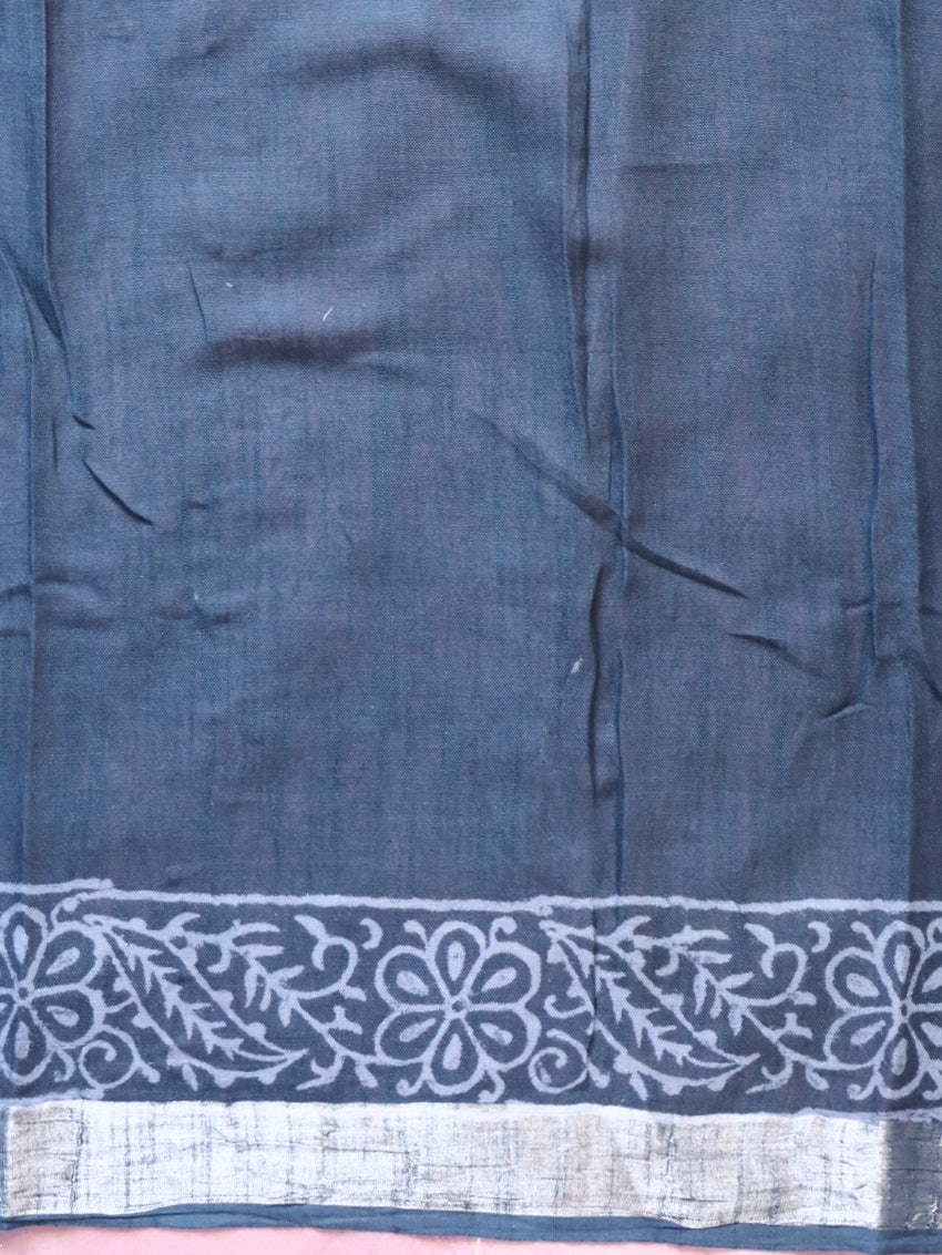 Linen Cotton Bagru Hand-Block Printed Saree-Blue