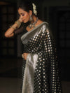 Banarasee Semi-Katan Silver Zari Border Saree With Lace-Black