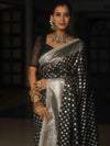 Banarasee Semi-Katan Silver Zari Border Saree With Lace-Black