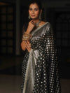 Banarasee Semi-Katan Silver Zari Border Saree With Lace-Black