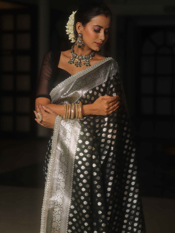 Banarasee Semi-Katan Silver Zari Border Saree With Lace-Black