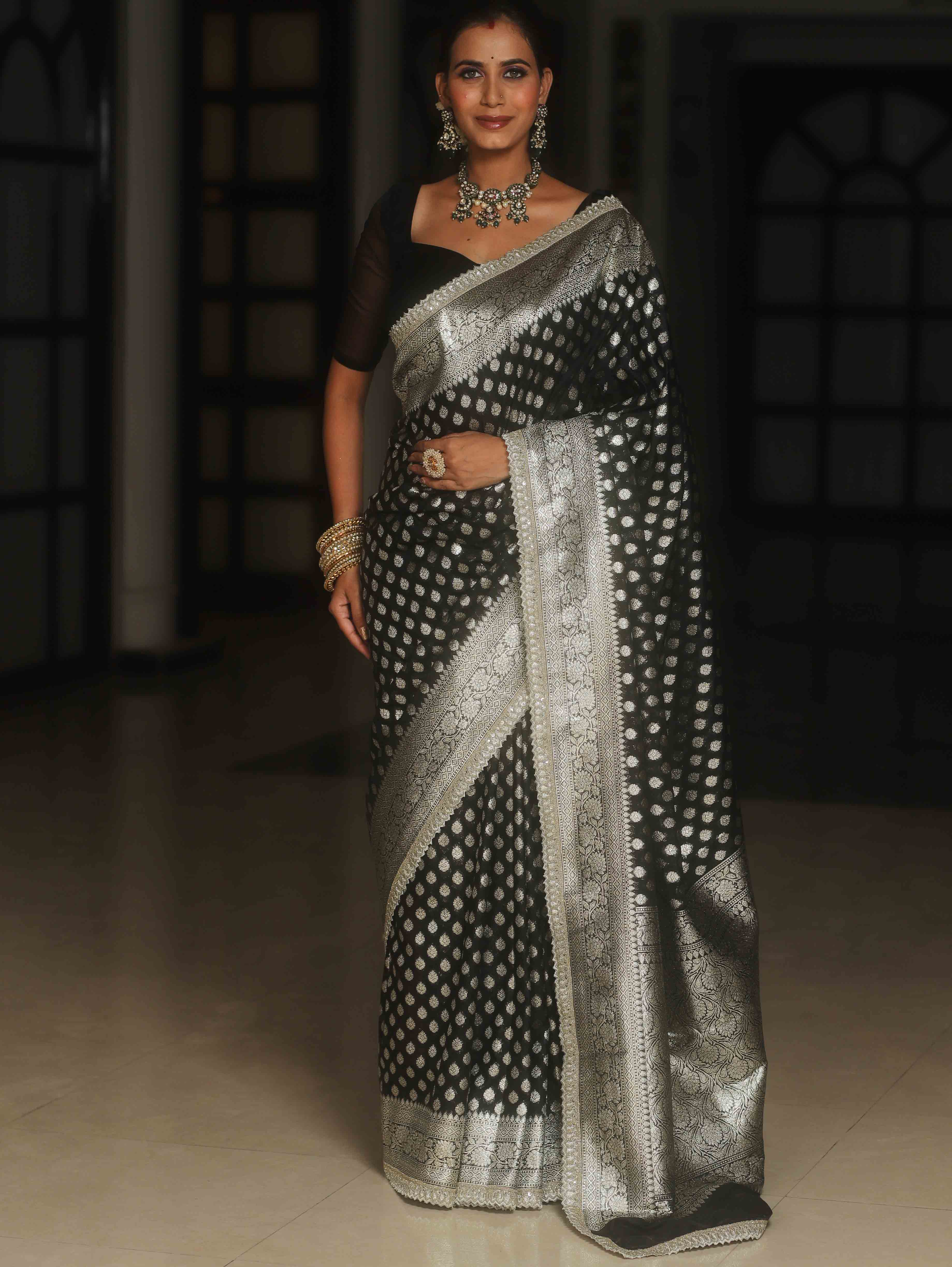 Banarasee Semi-Katan Silver Zari Border Saree With Lace-Black