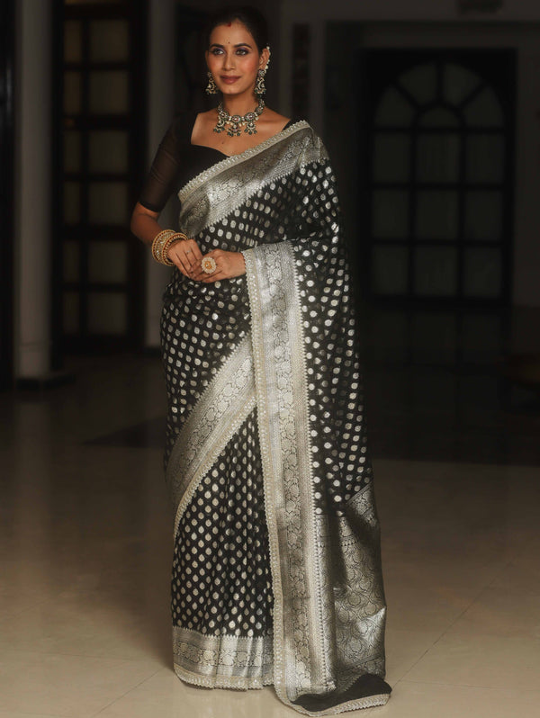 Banarasee Semi-Katan Silver Zari Border Saree With Lace-Black