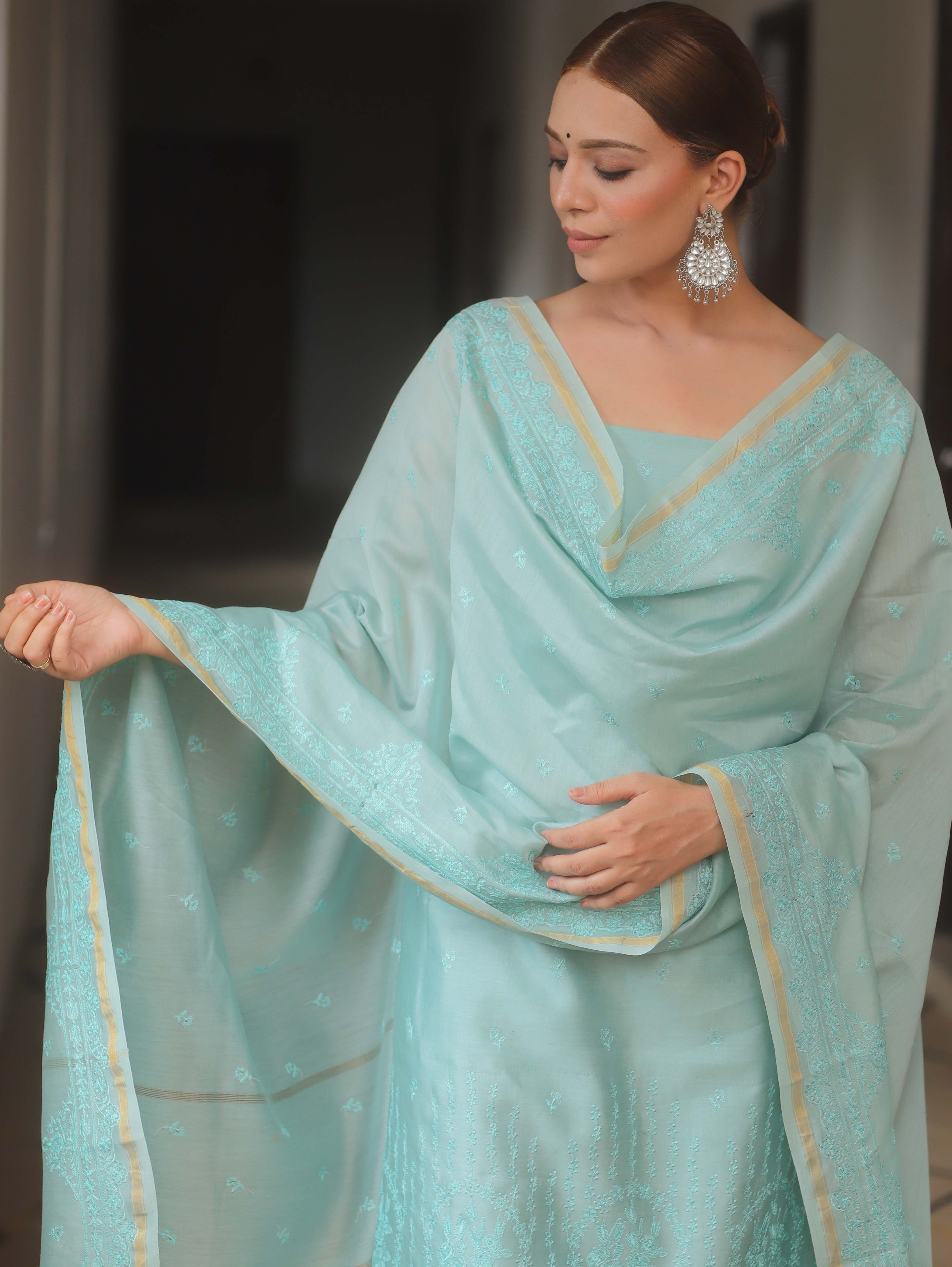 Banarasee Cotton Embroidered Salwar Kameez Fabric With Dupatta Set-Light Blue