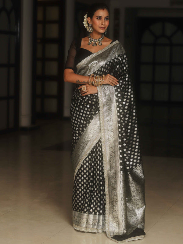 Banarasee Semi-Katan Silver Zari Border Saree With Lace-Black