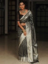 Banarasee Semi-Katan Silver Zari Border Saree With Lace-Black