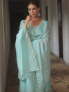 Banarasee Cotton Embroidered Salwar Kameez Fabric With Dupatta Set-Light Blue