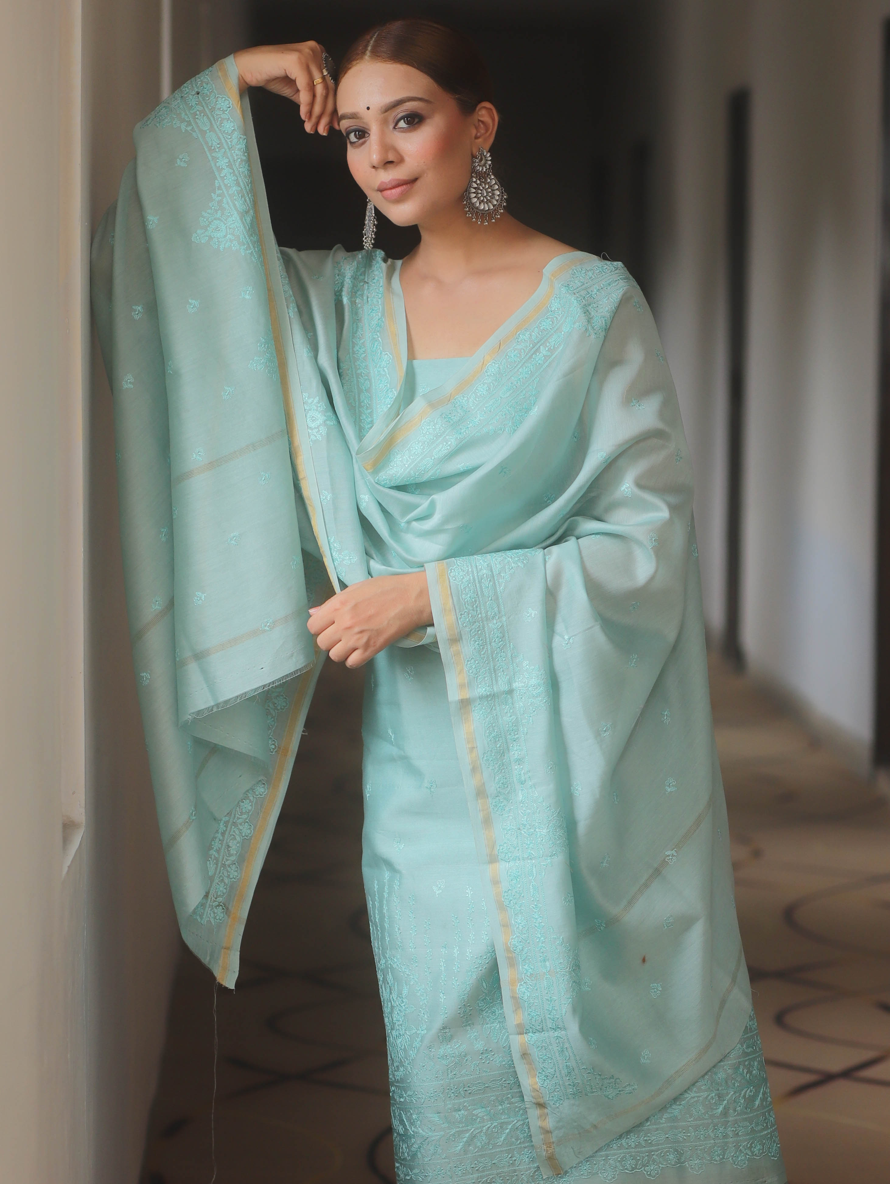 Banarasee Cotton Embroidered Salwar Kameez Fabric With Dupatta Set-Light Blue