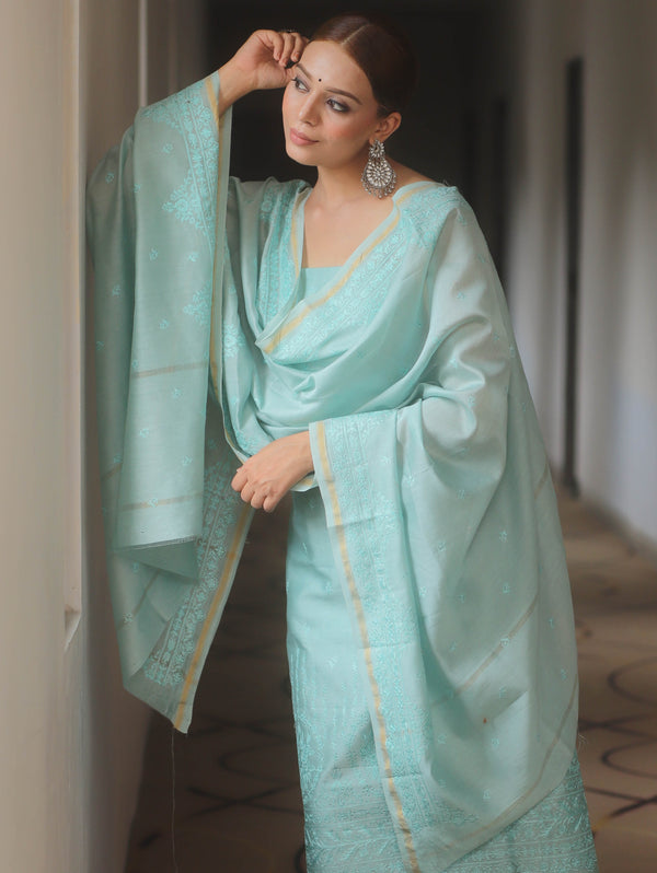 Banarasee Cotton Embroidered Salwar Kameez Fabric With Dupatta Set-Light Blue