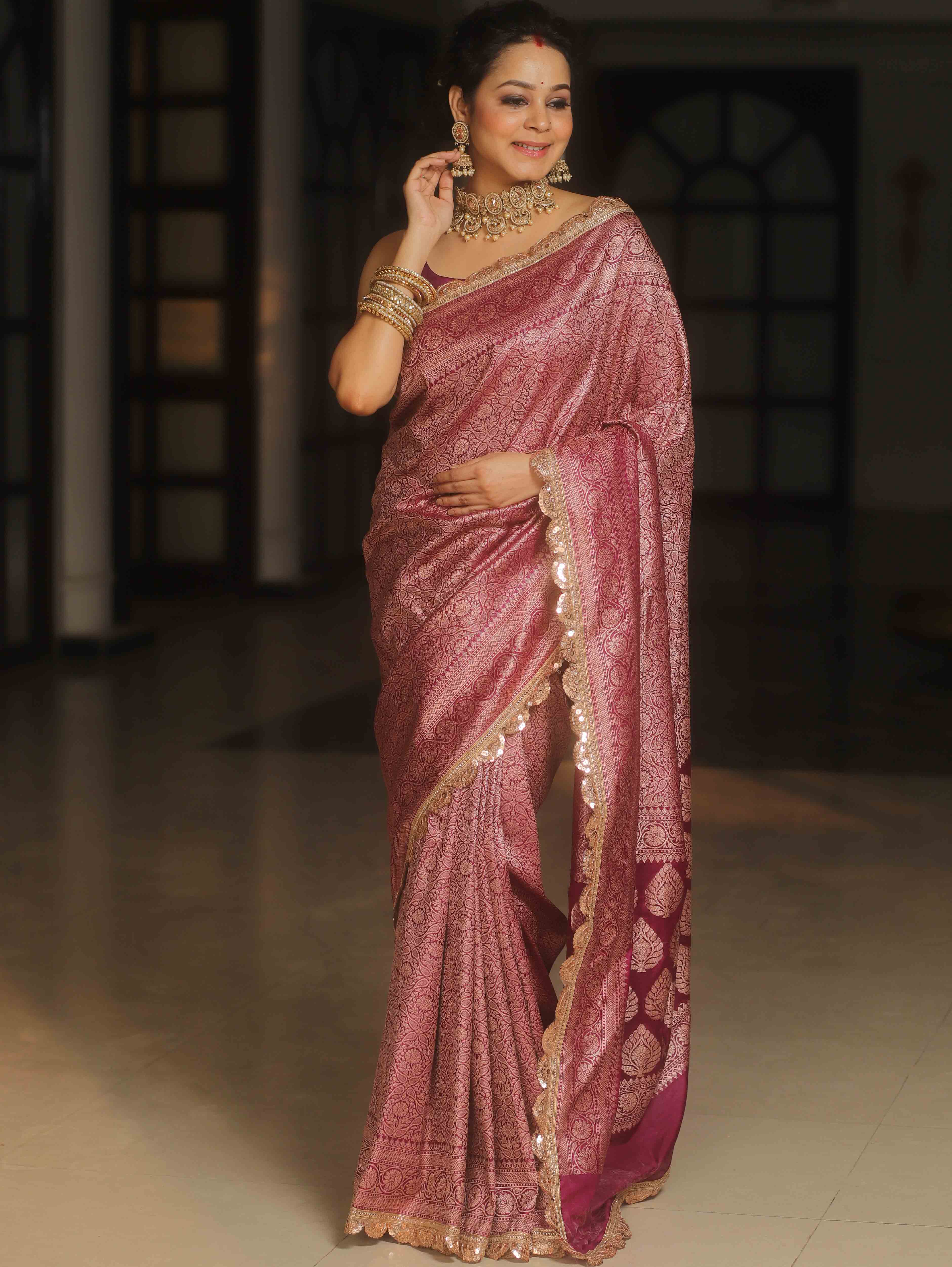 Banarasee Semi-Katan Heavy Zari Jaal Saree With Lace-Magenta