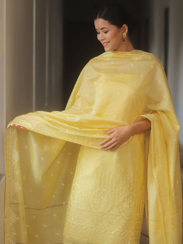 Banarasee Cotton Embroidered Salwar Kameez Fabric With Dupatta Set-Yellow