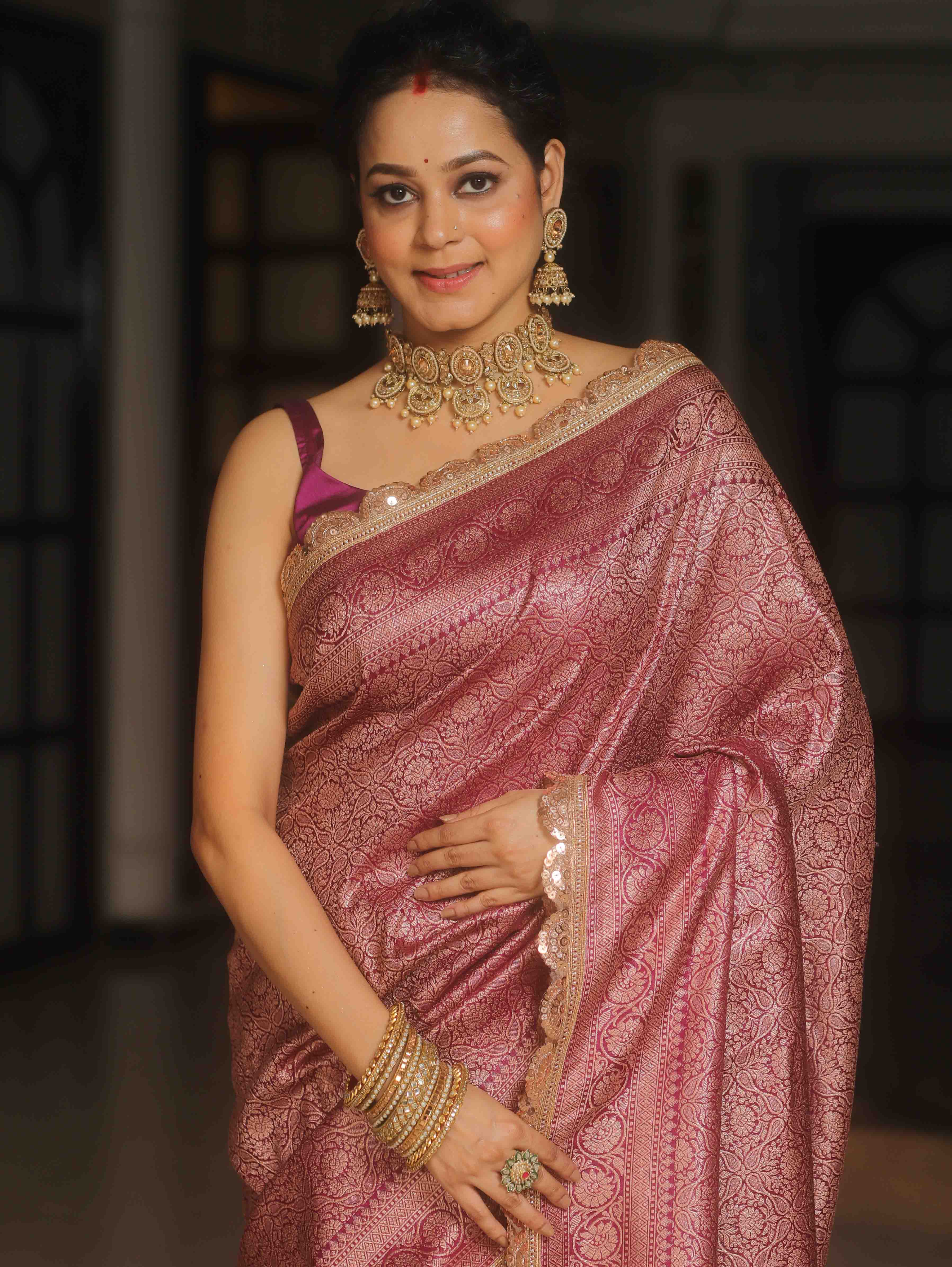 Banarasee Semi-Katan Heavy Zari Jaal Saree With Lace-Magenta