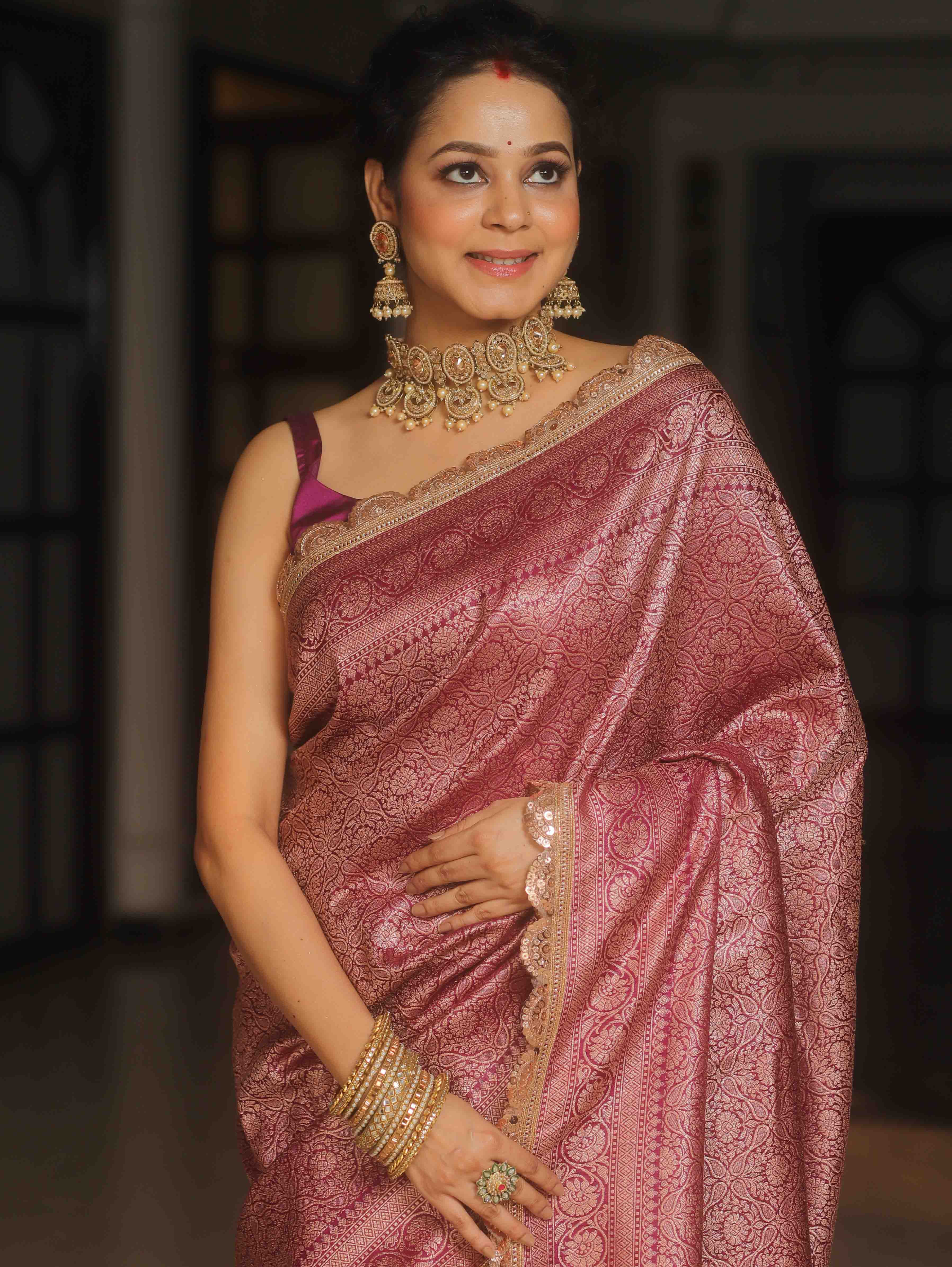 Banarasee Semi-Katan Heavy Zari Jaal Saree With Lace-Magenta