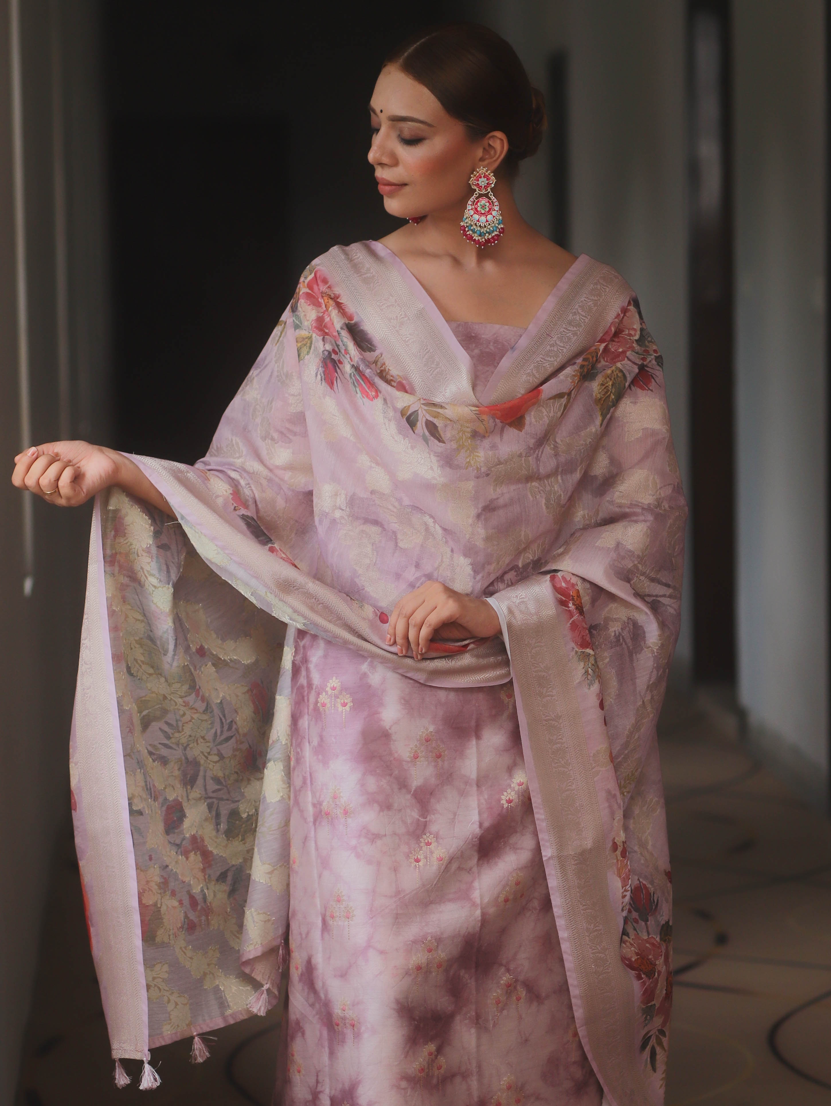 Banarasee Chanderi Salwar Kameez Fabric With Digital Print & Zari Dupatta Set-Lavender