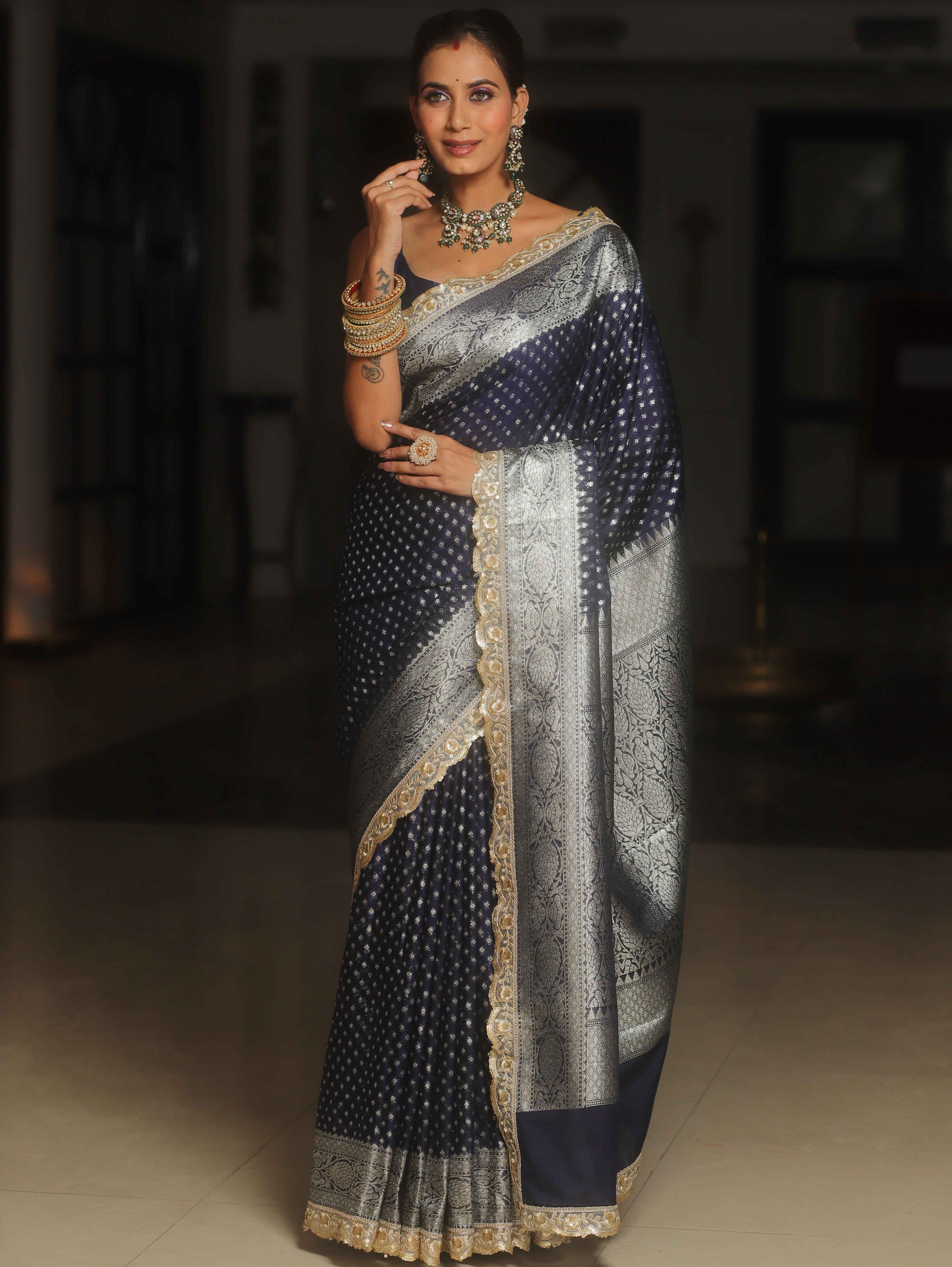 Banarasee Semi-Katan Silver Zari Border Saree With Lace-Blue