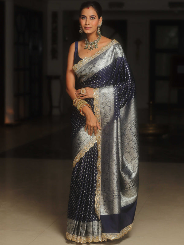 Banarasee Semi-Katan Silver Zari Border Saree With Lace-Blue