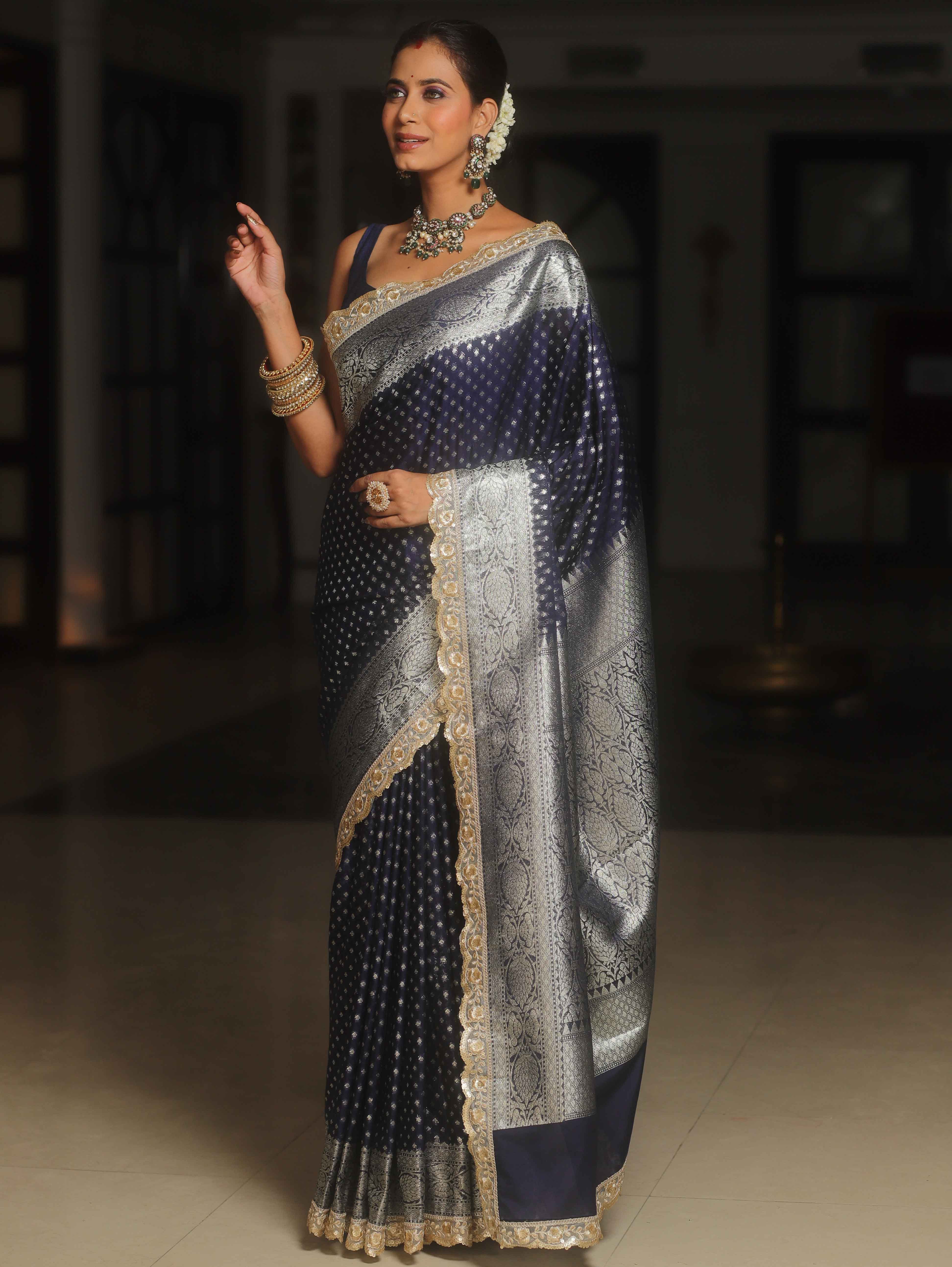 Banarasee Semi-Katan Silver Zari Border Saree With Lace-Blue