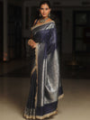 Banarasee Semi-Katan Silver Zari Border Saree With Lace-Blue