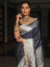 Banarasee Semi-Katan Silver Zari Border Saree With Lace-Blue