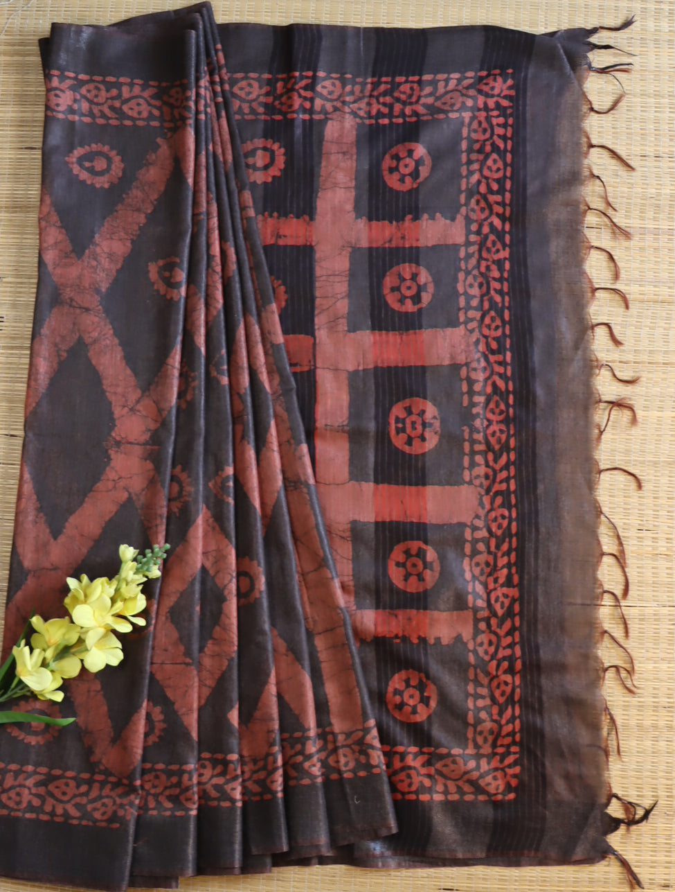 Bhagalpur Handloom Pure Linen Cotton Shibori Saree-Black