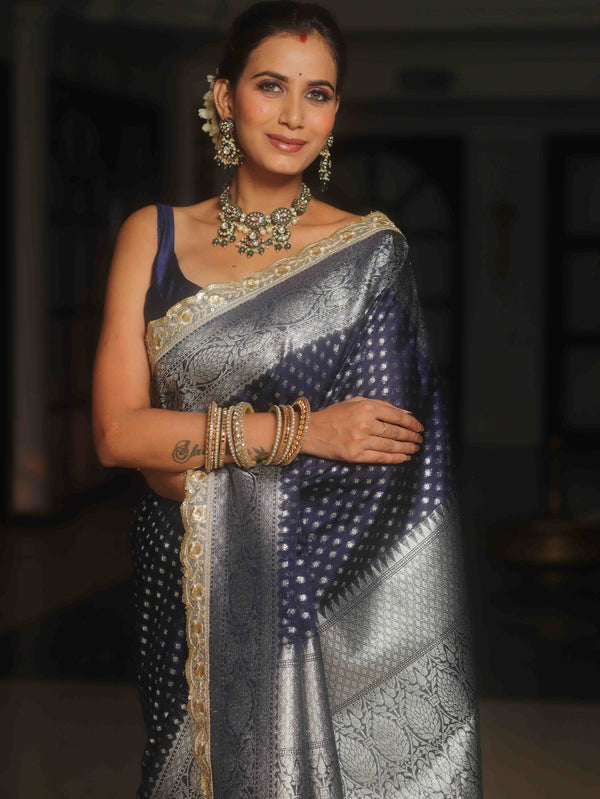 Banarasee Semi-Katan Silver Zari Border Saree With Lace-Blue