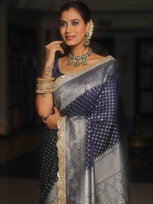 Banarasee Semi-Katan Silver Zari Border Saree With Lace-Blue