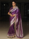 Banarasee Semi-Katan Silver Zari Border Saree With Lace-Violet