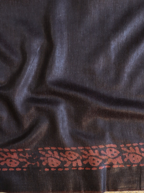 Bhagalpur Handloom Pure Linen Cotton Shibori Saree-Black