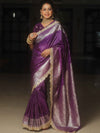 Banarasee Semi-Katan Silver Zari Border Saree With Lace-Violet