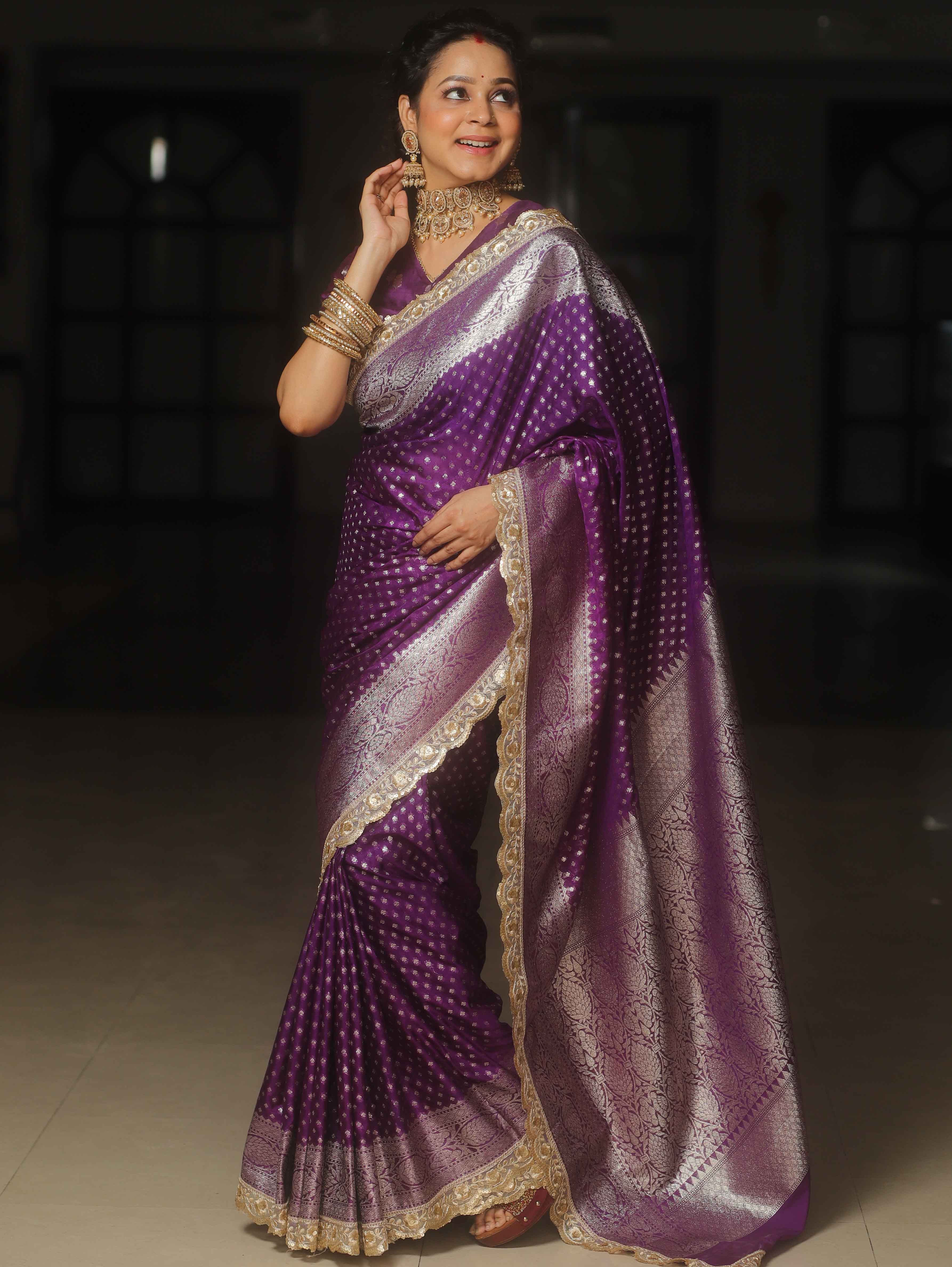 Banarasee Semi-Katan Silver Zari Border Saree With Lace-Violet