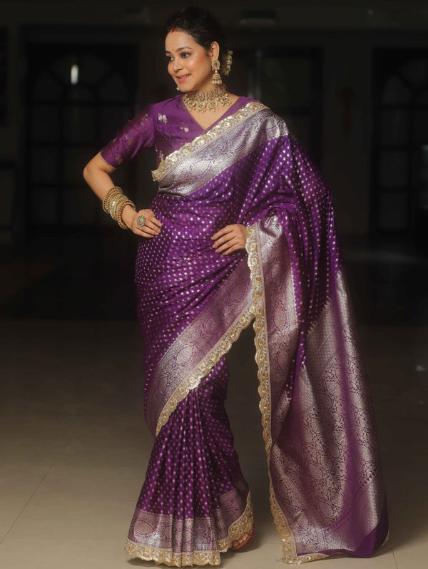 Banarasee Semi-Katan Silver Zari Border Saree With Lace-Violet