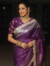 Banarasee Semi-Katan Silver Zari Border Saree With Lace-Violet